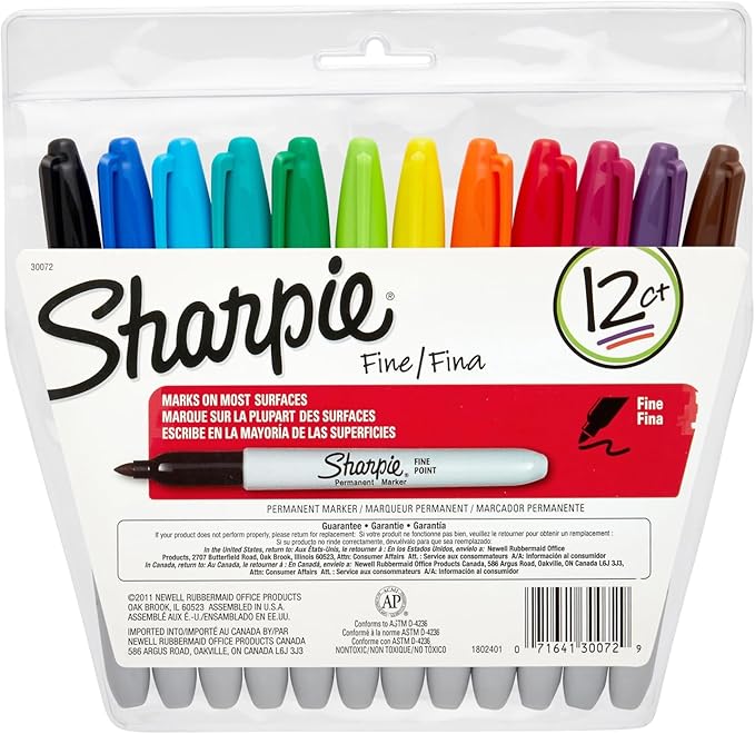 Sharpie Permanent Markers, Fine Point, Assorted Colors, 12 Count - School, Office, Arts & Crafts, Desk Supplies