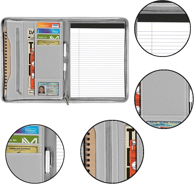 Zippered Portfolio Organizer/ A4 Refillable Lined Writing Notepad Folder Case/Fabric-Covered Padfolio Binder with Interior Storage Pocket for Men Women, Gray.