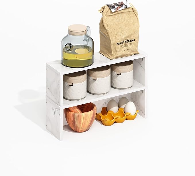Furinno Helena Kitchen Countertop Organizer Set of 2, 18-Inch Kitchen Counter Shelves, Stackable Organizer Shelf, Spice Rack for Pantry, Coffee Bar, Light Marble
