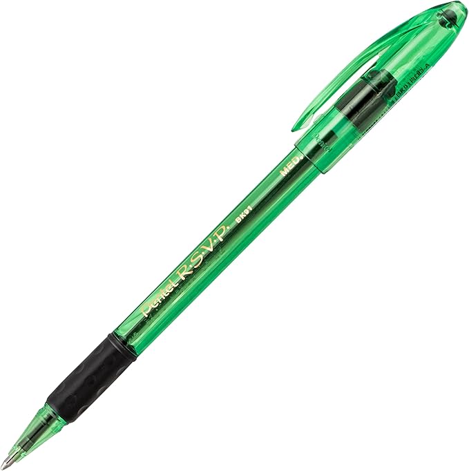 Pentel RSVP Razzle-Dazzle Ballpoint Pen, (1.0mm) Medium Line, Green Barrel, Black Ink, Box of 12 (BK91RDD-A)