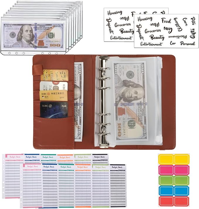 NICOOTHBudget Binder Cash Envelopes A6 Money Saving Binder with Zipper envelopes (A6 Brown)