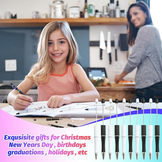 150 Pieces DIY Beadable Pen Kit – 50 Plastic Ballpoint Pens with Refills & Bags – School Supplies, Office Accessories & Decorative Items for Students & Teachers (Black and White)