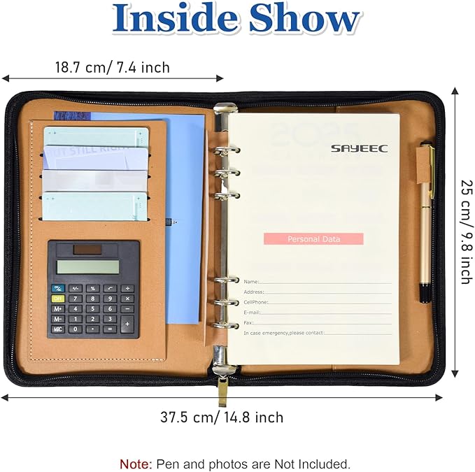 SAYEEC Executive Conference Folder A5 Zipped Portfolio Binder Faux Leather Padfolio Refillable Business Notebook Organizer with Calculator Loose Leaf Paper Gift for Man Women