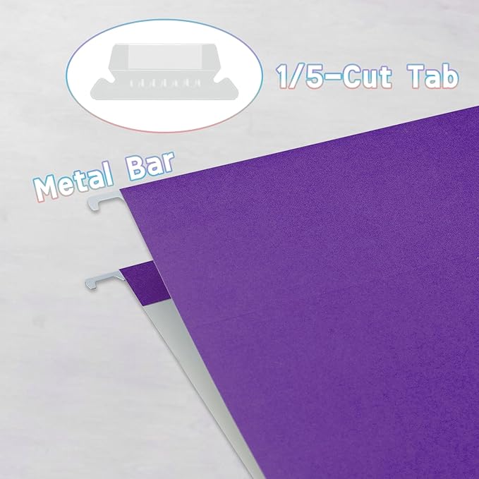 50 Packs Hanging File Folders with 1/5-cut Tab,Letter Size File Folders Purple for Filing Cabinet,Ideal Office,School Classroom Supplies