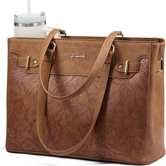 LOVEVOOK Laptop Tote Bag for Women Work, Teacher Tote Bag with Large Cup Holder, 15.6 Inch Waterproof Leather Computer Bag