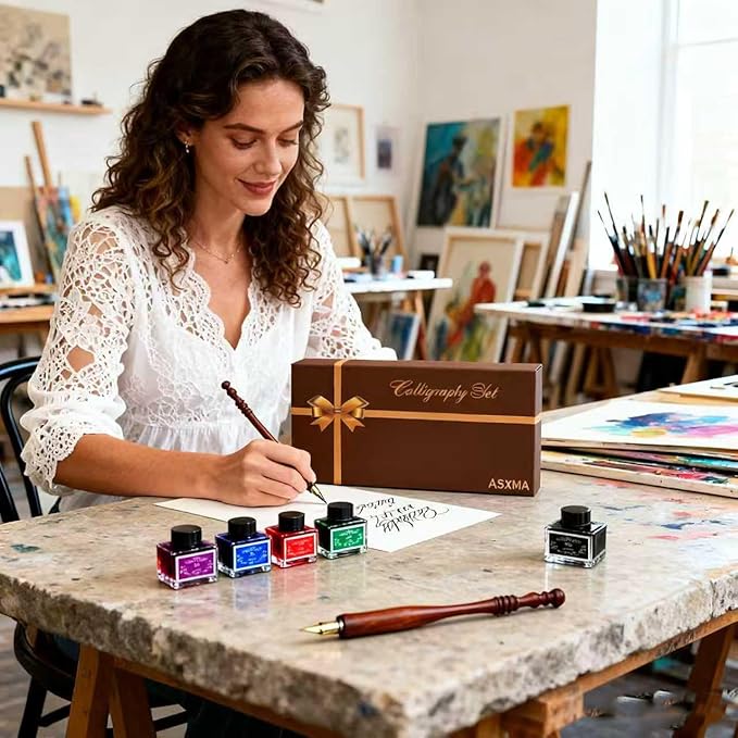Calligraphy Pen Set – Includes Wooden Dip Pen, Antique Brass Holder, 11 Nibs, 4 Colors Ink Bottles and Beginner's Manual-for Beginners and Calligraphy Lovers