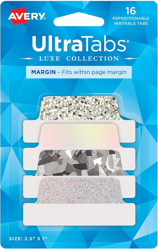Avery Ultra Tabs Luxe Collection, 2.5" x 1" Margin Tabs, Holographic Iridescent Designs, Repositionable, 16 Total (74179)