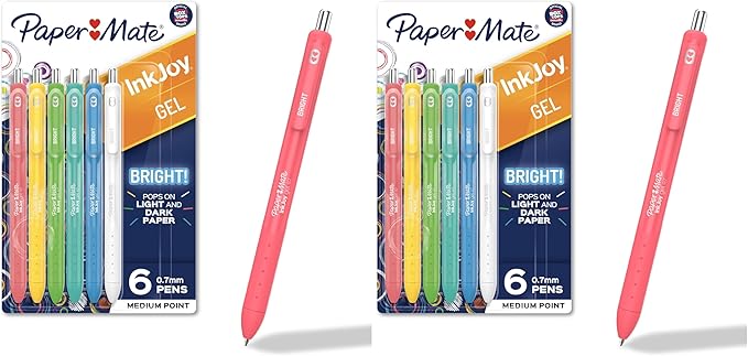 Paper Mate InkJoy Bright Gel Pens Medium Point (0.7mm) Retractable Assorted Opaque Ink Comfortable Grip Vivid Colors, (Pack of 12)