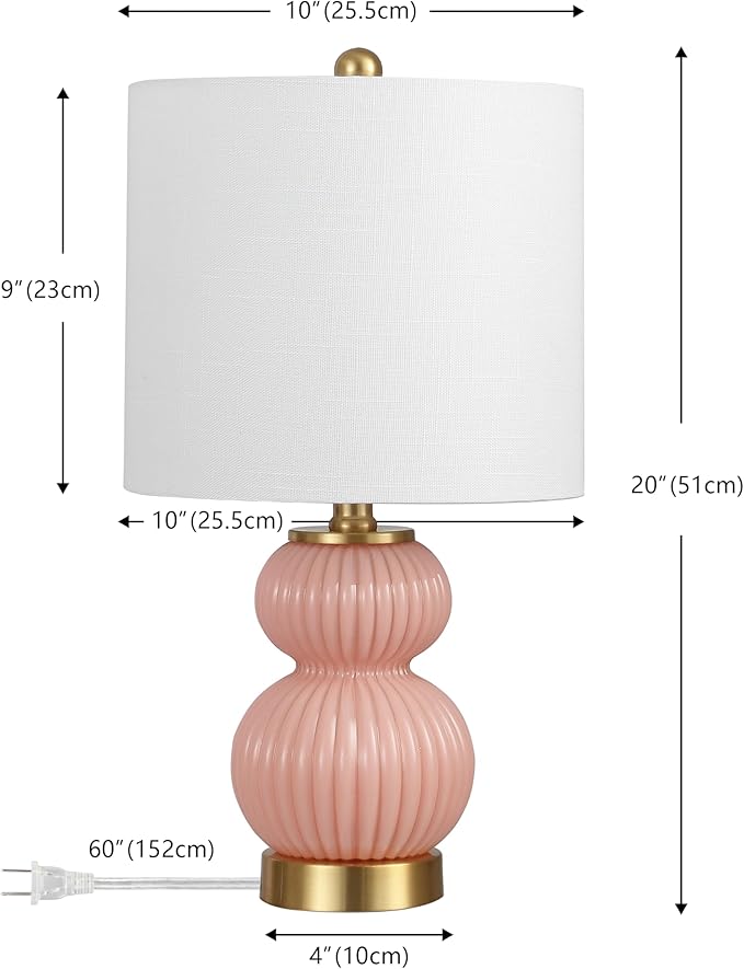JONATHAN Y 20" Pink/Brass Gold Ribbed Gourd Glass Table Lamp, Modern Bedside Lamp for Bedroom Living Room, White Linen Drum Shade, LED Bulb Included (JYL1099B)