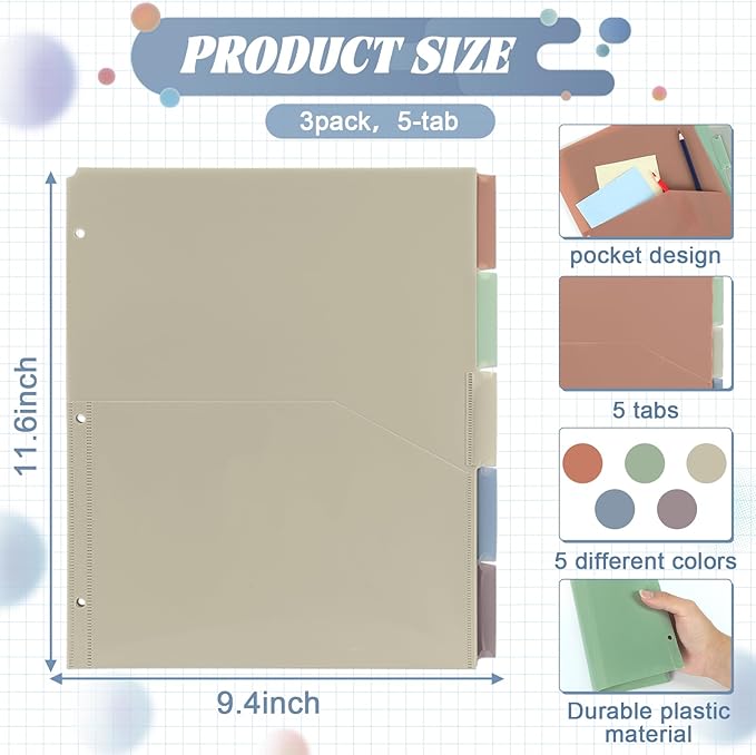 3 Sets 5 Tab Binder Dividers with Pockets for 3 Ring Plastic Binders 8.5 x 11 Inches 3 Hole Punched Page Dividers Sturdy Colorful Dividers for Office School Business Home Organizer (Boho Color)