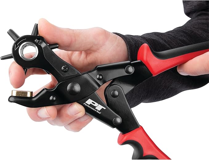 Performance Tool W7554 Double Hinged Hole Punch Tool with 6 Punch Sizes and Adjustable Tension for Belts, Upholstery, and More