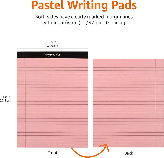 Amazon Basics Wide Ruled Lined Writing Note Pads with Sturdy Back, 8.5" x 11.75", Multicolor, 6-Pack, 300 Sheets, Perforated