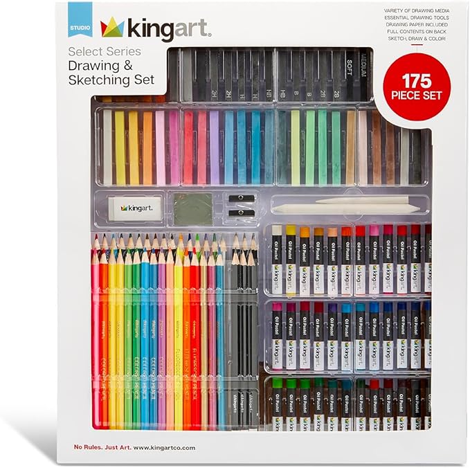 KINGART Select Series Drawing & Sketching Set, 175 pc, Complete Art Kit with Colored Pencils, Pastels, Graphite, Charcoal, Paper