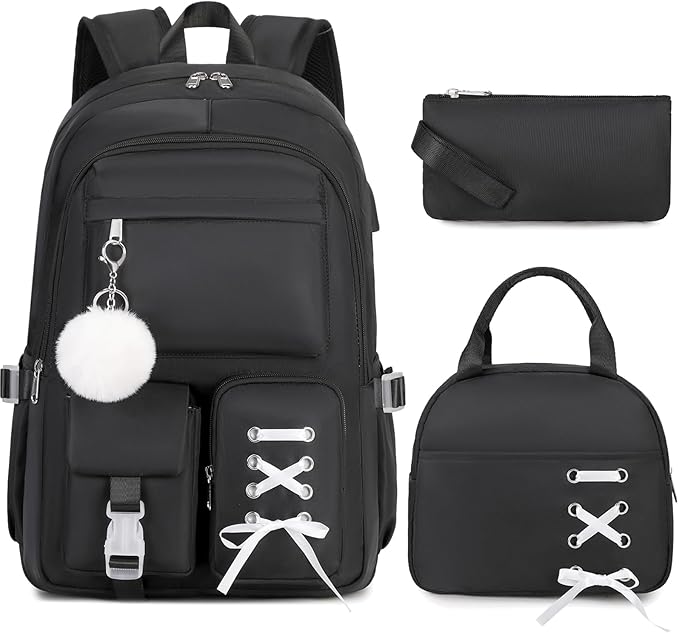 Backpacks for Girls, Girls Backpack with Lunch Box & Pencil Pouch for Teens Girl Kids Elementary Middle High School College Student Bookbag Daypack Laptop Travel Backpack for Women (Black)