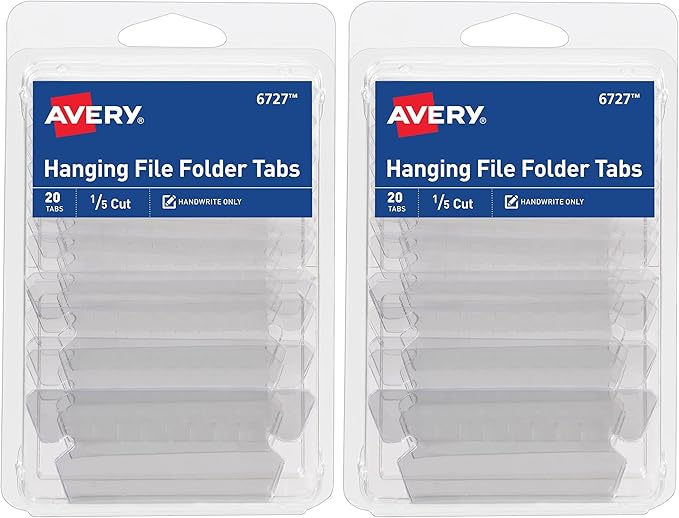 Avery Hanging File Folder Tabs and Inserts, 1/5 Cut, Clear, 20 File Folder Tabs and Inserts Total (06727) (Pack of 2)