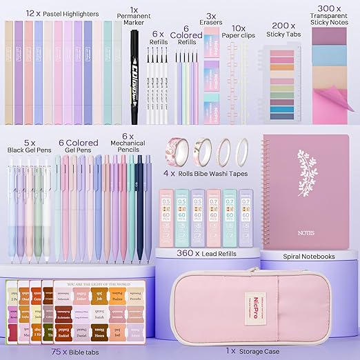 Nicpro Bible Journaling Kit, 76PCS Bible Study Supplies with Pen Case, Notes & Tabs, No Bleed Highlighter Pens, Bible Journal Accessories, Cute Spiral Notebook Stationary Set for Women Christian Gifts