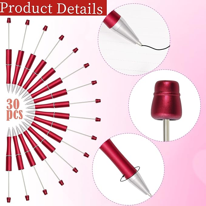 jiebor 30Pcs Red Beadable Pens Plastic Bead Ballpoint DIY Cute Cool Pens Black Ink for Women Men Bridal Graduation Gift Office Supplies