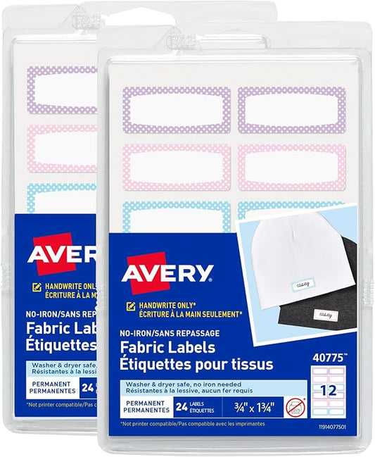Avery No-Iron Fabric Name Labels, Soft Pastels Preprinted Designs, Handwrite-Only, 2-Pack, 48 Preprinted Labels (22282)