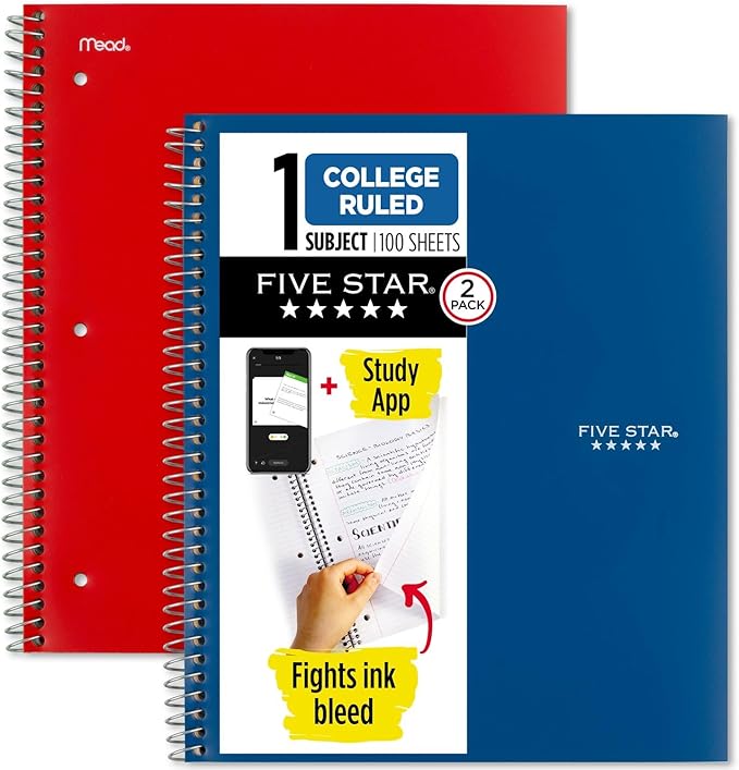 Five Star Spiral Notebook + Study App, 2 count, 1 Subject, College Ruled Paper, 100 Sheets, 8-1/2" x 11", Pacific Blue, Fire Red (38452) (Pack of 6)