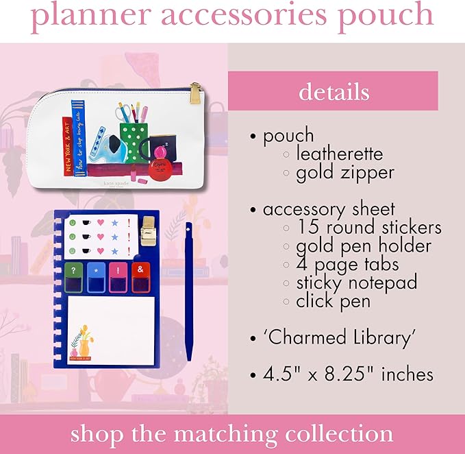 kate spade new york Zipper Pouch Filled with Planner Stickers and Accessories, Set Includes Notepad, Sticker Tabs, Black Ink Pen and Holder, Vegan Leather Accessory Bag, Charmed Library