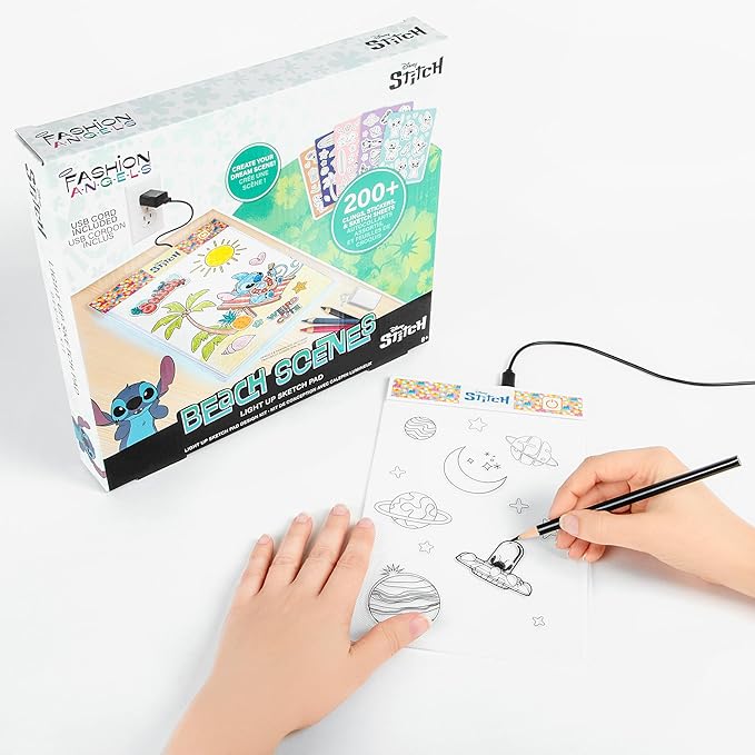Fashion Angels Disney Stitch Beach Scenes Light Up Sketchpad, Design Kit with Illuminated Tracing Pad, 5 Reusable Vinyl Clings & More, for Kids Ages 8+