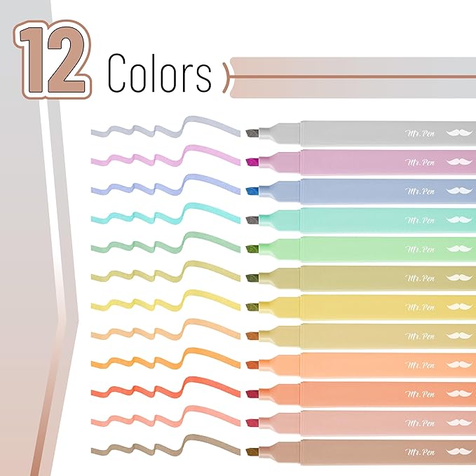 Mr. Pen Aesthetic Highlighters, 12 pcs, Chisel Tip, Vintage & Cute Assorted Colors, Bible Highlighters No Bleed