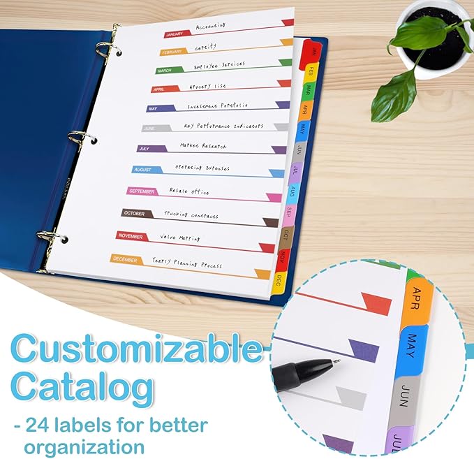 Monthly Binder Dividers for 3 Ring Binder, COIDEA Jan-Dec Dividers for 3 Ring Binder, 12 Tabs Multicolor Month Binder Dividers with Customizable Table of Contents Page for School Office Organizing