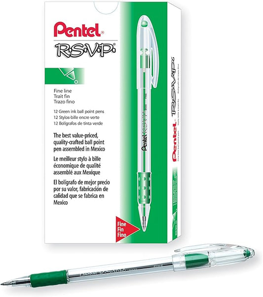 Pentel RSVP Ballpoint Pen, (0.7mm) Fine Line, Green Ink, Box of 12 (BK90-D)