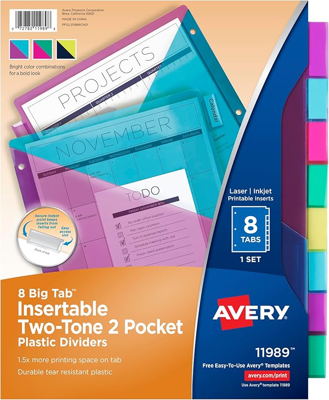 Avery Big Tab Insertable Plastic 2 Pocket Dividers for 3 Ring Binders, 8 Tab Set, Bright Two-Tone Multicolor, Works with Sheet Protectors, 1 Set (11989)