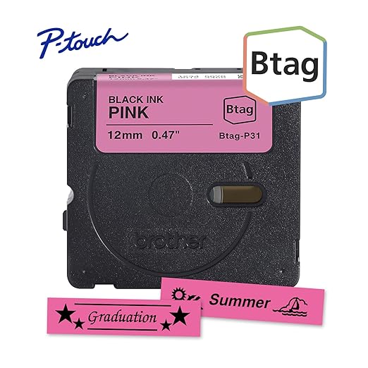 Brother Genuine P-Touch Btag BTAGP31 Black on Pink Label Tape ~1/2in by 13.1ft (12mm x 4m). (Works Only with Brother PT-N10, PT-N20, PT-N25BT Label Makers)