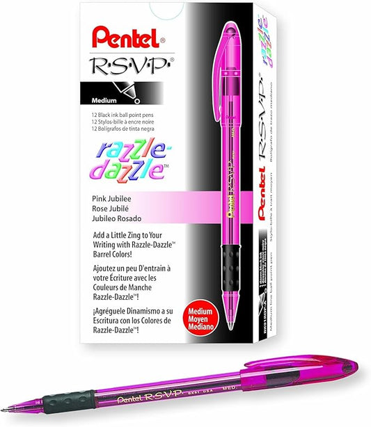 Pentel RSVP Razzle-Dazzle Ballpoint Pen, (1.0mm) Medium Line, Pink Barrel, Black Ink, Box of 12 (BK91RDP-A)
