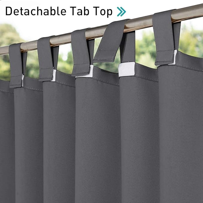 NICETOWN 2 Pieces Outdoor Curtainss for Patio Waterproof 95 inch Length, Sticky Tab Top Thermal Insulated Blackout Window Treatment Dividers Protect Privacy for Cabana/Arbor, W52 x L95, Grey