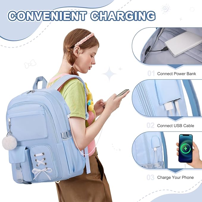 Backpacks for Girls, Girls Backpack with Lunch Box & Pencil Pouch for Teens Girl Kids Elementary Middle High School College Student Bookbag Daypack Laptop Travel Backpack for Women (Blue)