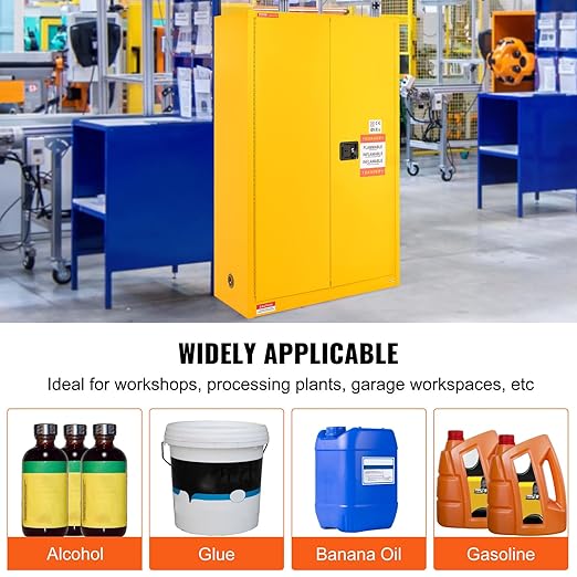VEVOR Flammable Cabinet 18" x 43" x 65", Cold-Rolled Steel Flammable Liquid Storage Cabinet, 45 Gal in Explosion Proof with 2 Adjustable Shelves 2 Manual Doors for Industrial Use, Yellow