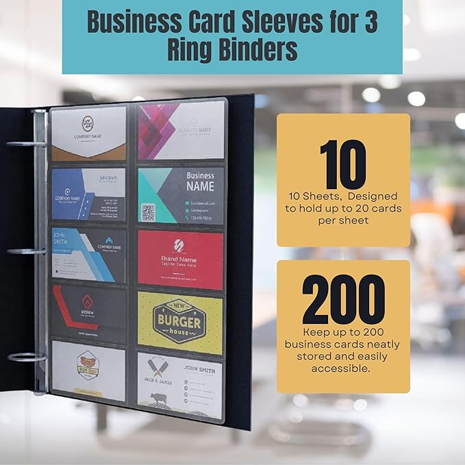Business Card Sleeves for 3 Ring Binders, Heavy Duty Clear Page Protectors, Plastic Card Holder Sheets, 10 Pack, 20 Cards Per Sheet