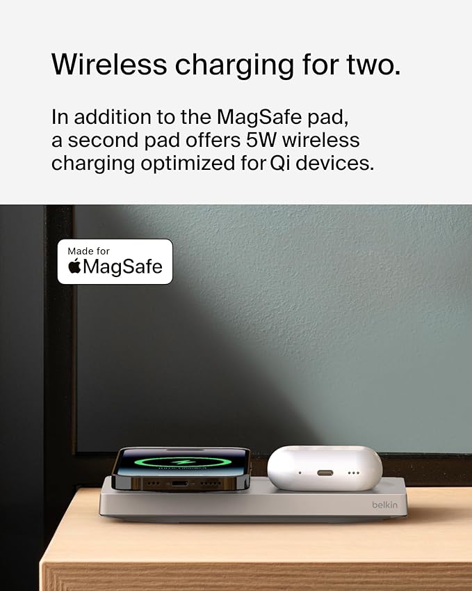 Belkin MagSafe-Compatible 2-in-1 Wireless Charger 15W, Fast Charging Station for iPhone 16, 15, 14, 13 Series, AirPods, and More - Dual Device Charging Pad - Sand