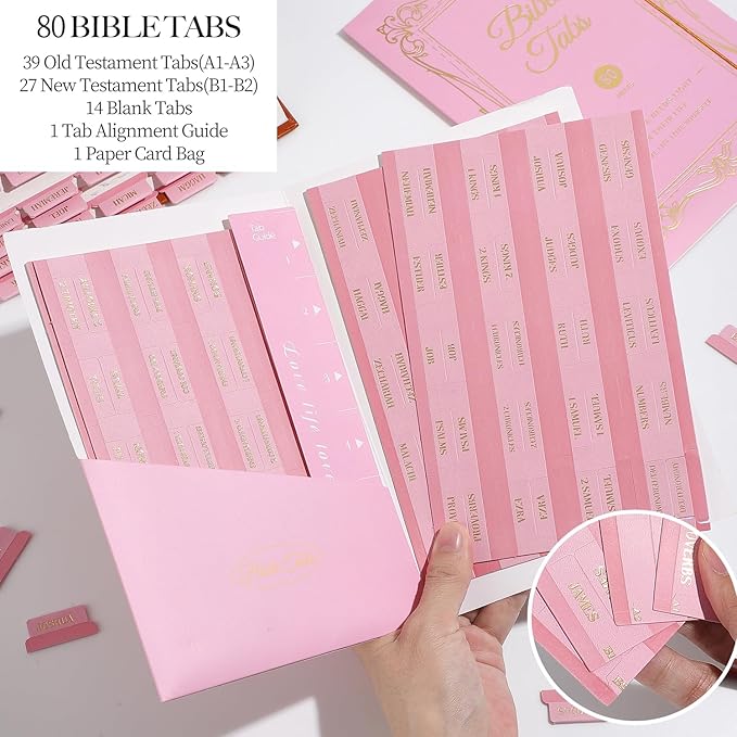 Leather Bible Tabs, Bible Tabs for Women and Men(Gold Foil Lettering) Large Print Stickers, Easy to Read and Apply, 66 Chapters & 14 Blank DIY Labels for Easy Navigation, Christian Accessories(Pink)