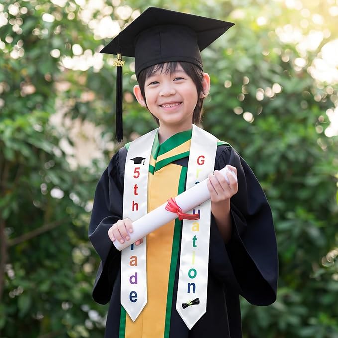 2 Pcs 5th 8th Grade Graduation Cap and Stole, Class of 2026 Graduation Sash Cap Stole Kindergarten Grad Gifts