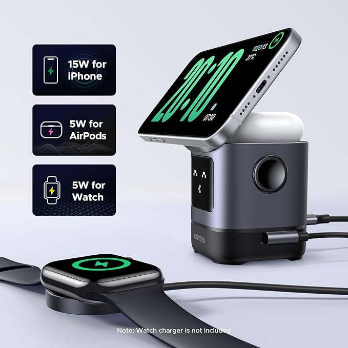UGREEN Uno Qi2 Certified 15W Wireless Charger Stand, 2-in-1 Foldable Charging Station Compatible with iPhone 17/17 Air/17 Pro/17 Pro Max/16/15/14/13/12 Series, AirPods 2/3/Pro (No AC Adapter)