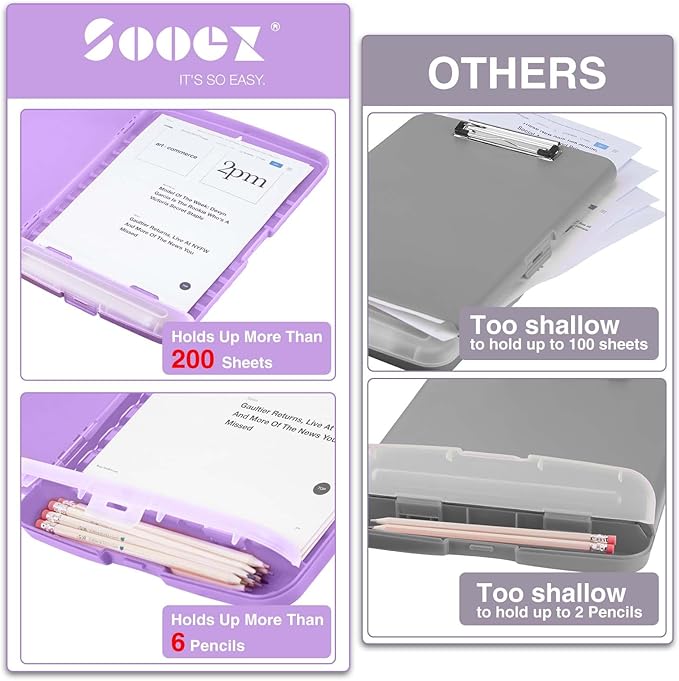 Sooez Clipboard with Storage, Clip Board 8.5 x 11 with Pen Holder, Plastic Organization Case Box for Letter Legal A4 Size Paper, Low Profile Clip, Nurses Teachers Must Haves, School & Office Supplies