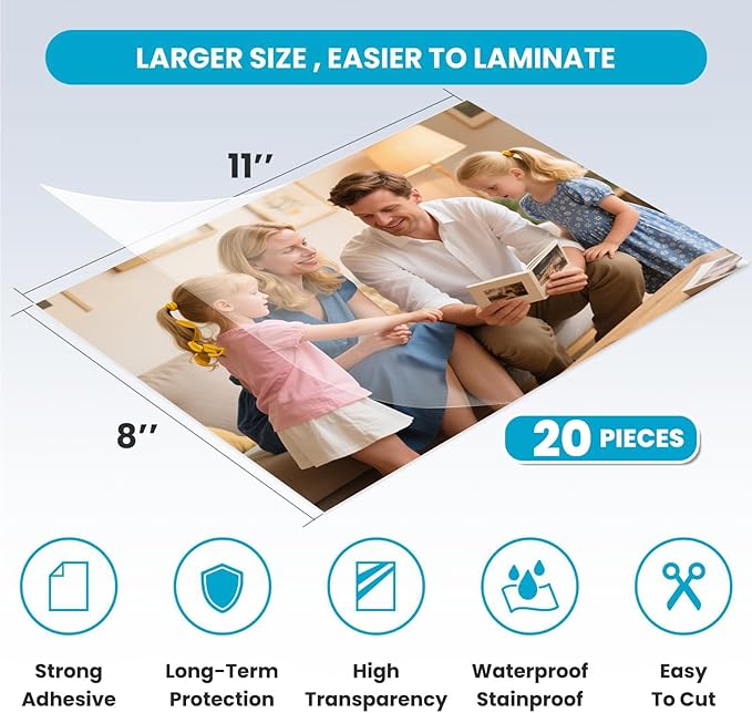 T&W SAME FILM Self Adhesive Laminating Sheets, 4mil, 8 x 11 Inch No Heat Laminating Sheets, Self Sealing Laminating Sheets for Laminator, Round Corner, No Heat, No Machine Needed-20 Pack