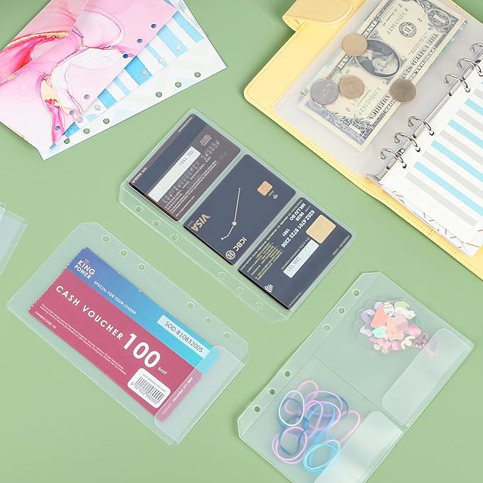 30pcs Dichotomy A6 Binder Pocket no Zipper Clear Budget Planner Inserts Bulk Binder Organizer Cash Envelopes for Budgeting Waterproof PVC Loose Leaf Bags Card Sleeves for 6 Ring Notebook