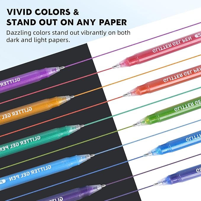 Glitter Gel Pens, 6 Colors Double Shining Colors Glitter Metallic Gel Ink Pen with 1.0 mm Large Capacity Smooth Writing Color Pens for Adult Coloring Note, Drawing, Art Supplies