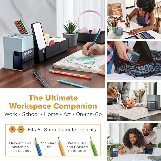 Bostitch Konnect Rechargeable Pencil Sharpener (USB-C), Auto-Stop Helical Cutter, Portable Electric Sharpener for No.2/Colored Pencils, Home, Office, Classroom, Gray