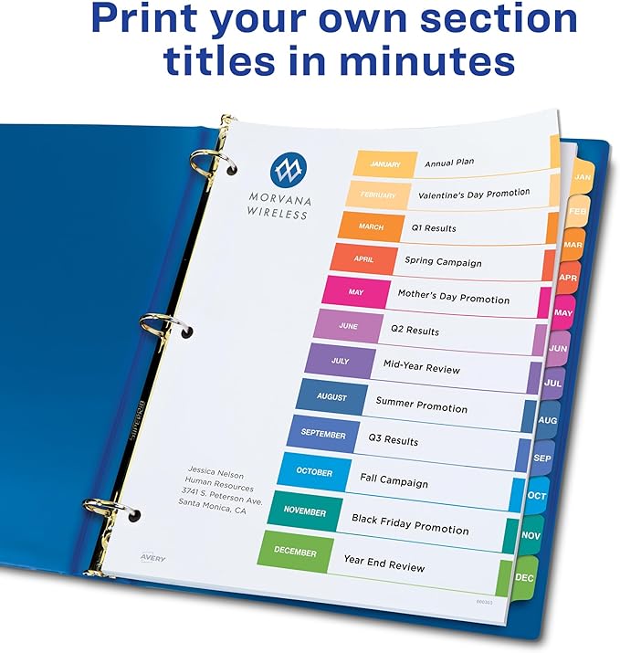 Avery Jan-Dec Dividers for 3 Ring Binders, 12 Tabs per Set, Customizable Table of Contents, Multicolor Tabs, Great for Organizing Reports, Projects, and More (24 Sets of 11127)