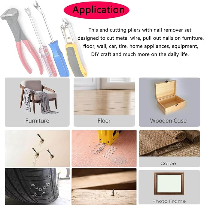 4Pcs Upholstery Staple Remover Nail Puller Nail Remover Tool Set with End Cutting Pliers Tack Puller Staple Puller Tool for Carpet Furniture Wooden Photo Frame Floor,Zipper Package