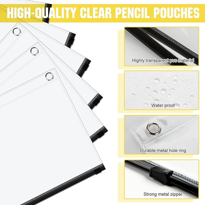 Lincia 24 Pack Clear Pencil Pouch for 3 Ring Binder Pencil Case with Zipper 3 Ring Binder Pocket Insert Bag 10 x 7'' Visible Cash Envelope with Re-enforced Grommet for Office (Black,Clear)
