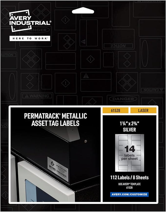 Avery Metallic Asset Tag Labels, 1-1/4 x 2-3/4", Laser Printable Tags, 112 Waterproof Labels (61528)