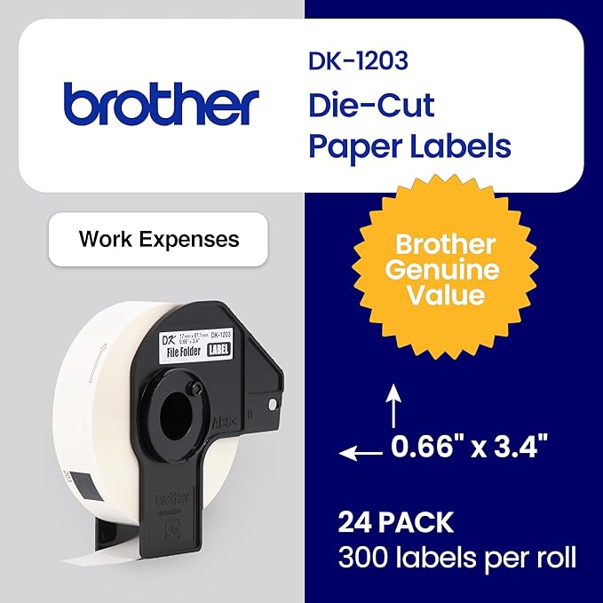 Brother Genuine DK-120324PK Die-Cut File Folder Labels, 0.66" x 3.4", Long Lasting Reliability, 300 Labels Per Roll, 24 Rolls per Box, White (DK120324PK), for use with select Brother QL Label Printers