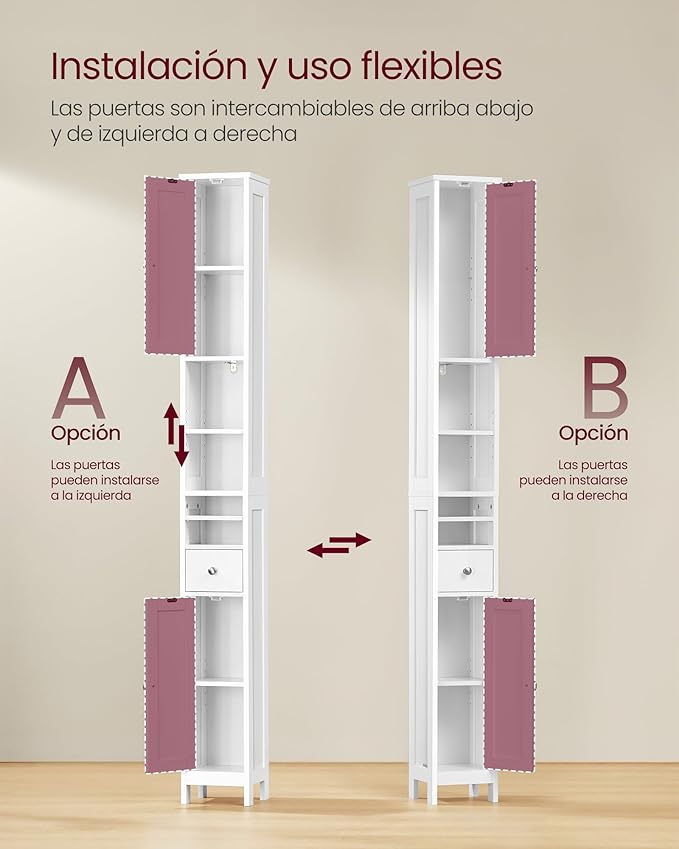 VASAGLE Tall Storage Cabinet, Slim Freestanding Floor Cabinet with Adjustable Shelves, Drawer, Open Compartments, for Small Spaces, Bathroom, Living Room, Modern, Cloud White UBBC765W01
